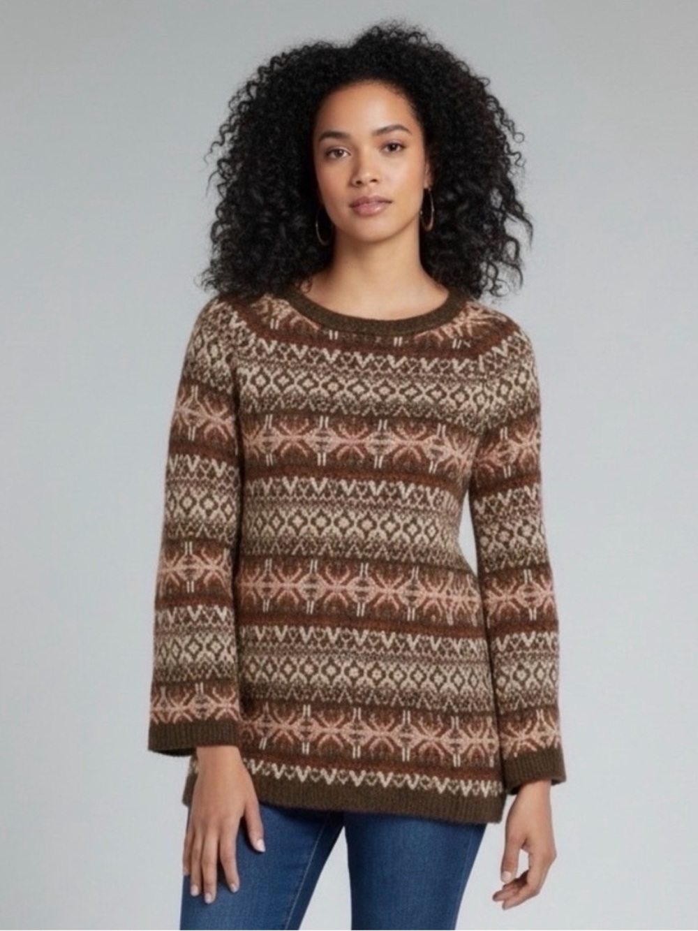 NWT Soft Surroundings Julietta Fair Isle Sweater Medium Coffee Bean Wool Alpaca